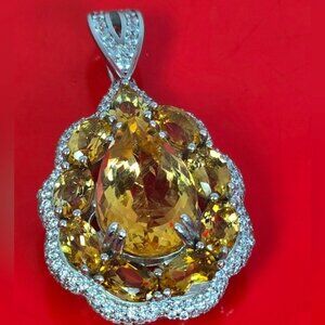 925 Sterling Silver Large Pendant 3x2cm with Natural Citrine Gem & Cz